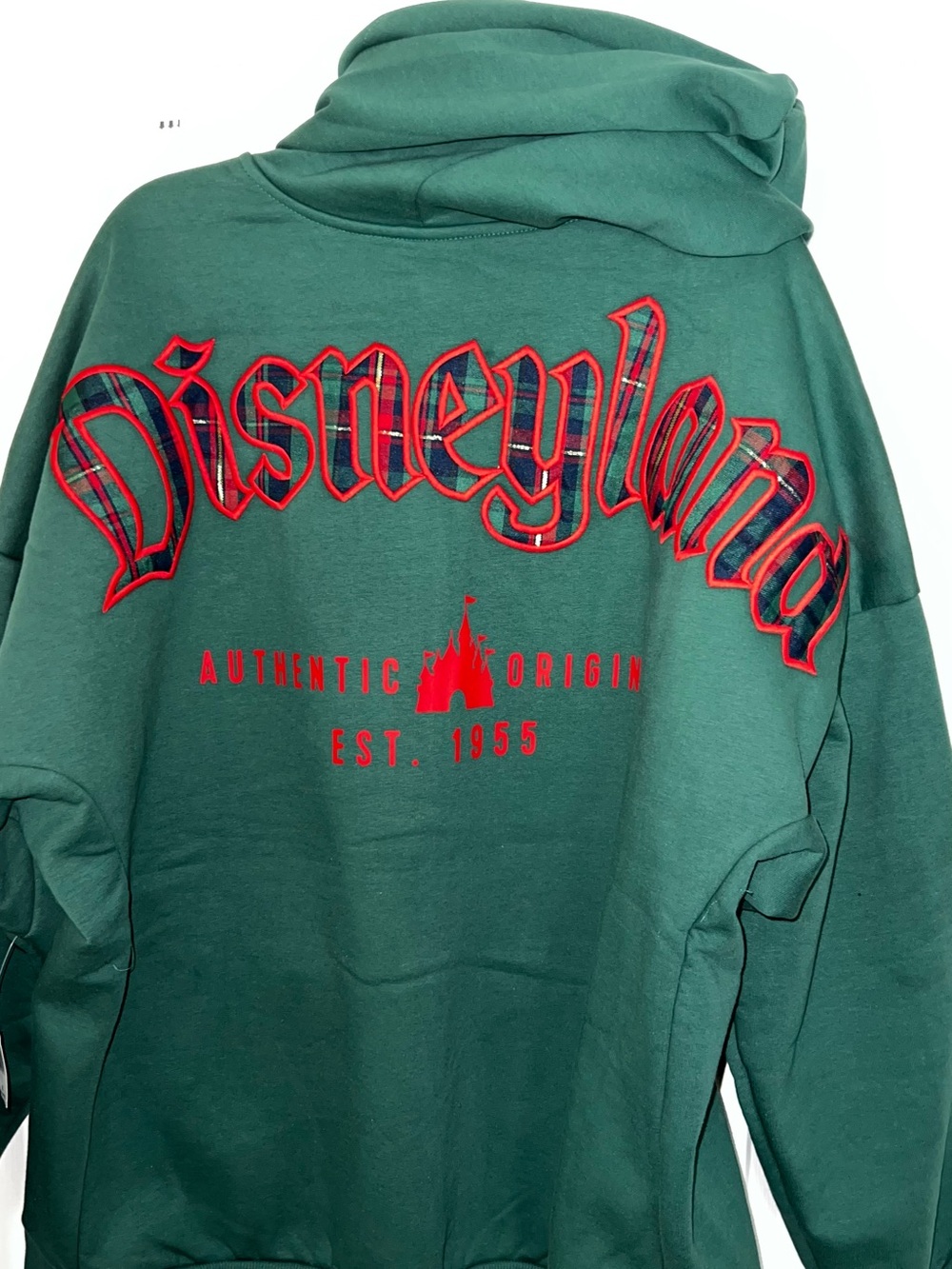 Disneyland Green Christmas Hoodie with Red Plaid Lettering